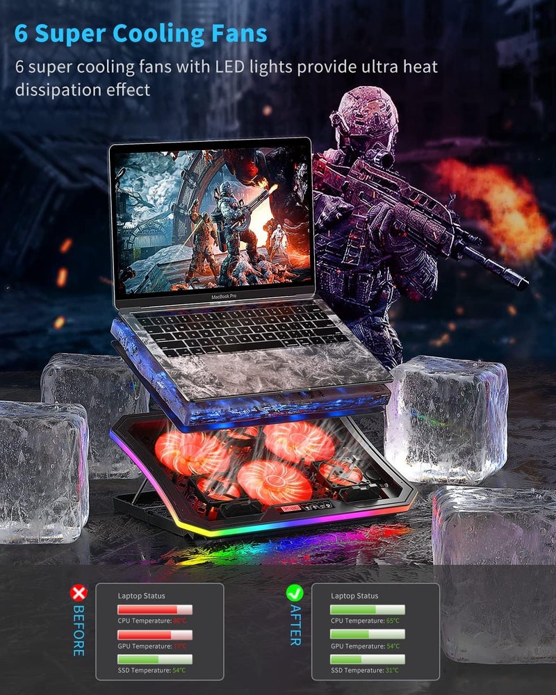 KeiBn Laptop Cooling Pad, RGB Lights Laptop Cooler 6 Fans for 15.6-17.3 Inch Laptops, 7 Height Stands, 10 Modes Light, 2 USB Ports, Desk or Lap Use (A8,Red) - Image 2